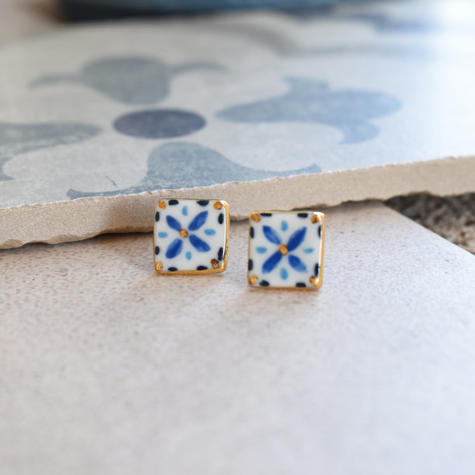 Lisbon Mini Tiles – handmade porcelain earrings with 24k gold, by Joska Handmade