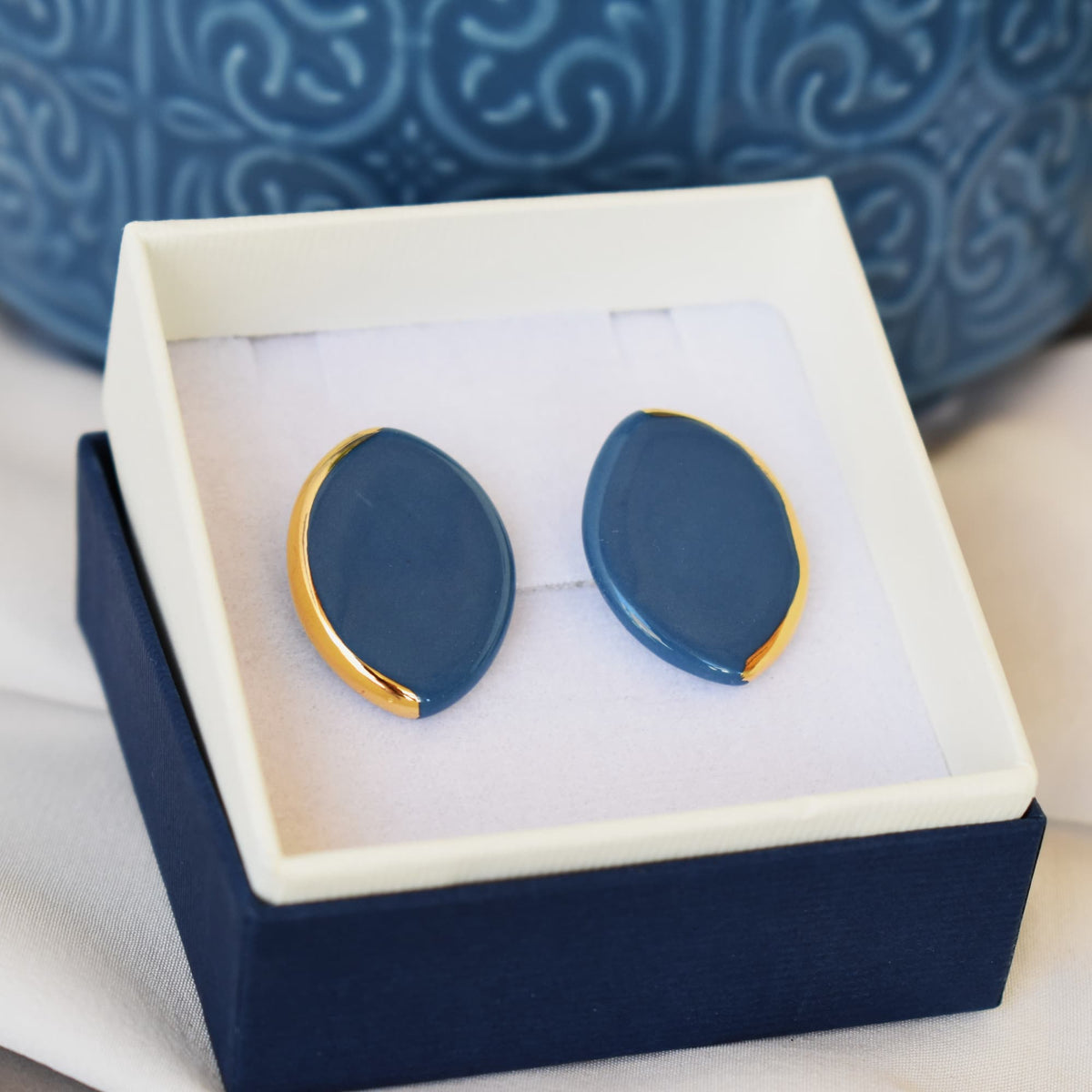 Almond Navy porcelain earrings in gift box – handmade with 24k gold, by Joska Handmade