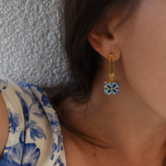 Lisbon Elegant Tiles earrings detail – azulejo tile-inspired pattern with 24k gold ceramic decoration, by Joska Handmade